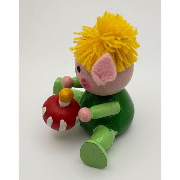 Vintage Wooden Christmas Elf Tree Ornament Playing With Toy Top Santas Helper - Picture 3 of 8